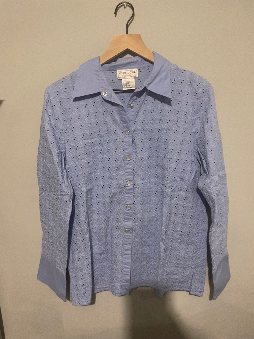 Victor Costa occasions women’s small blue eyelet, button-down shirt